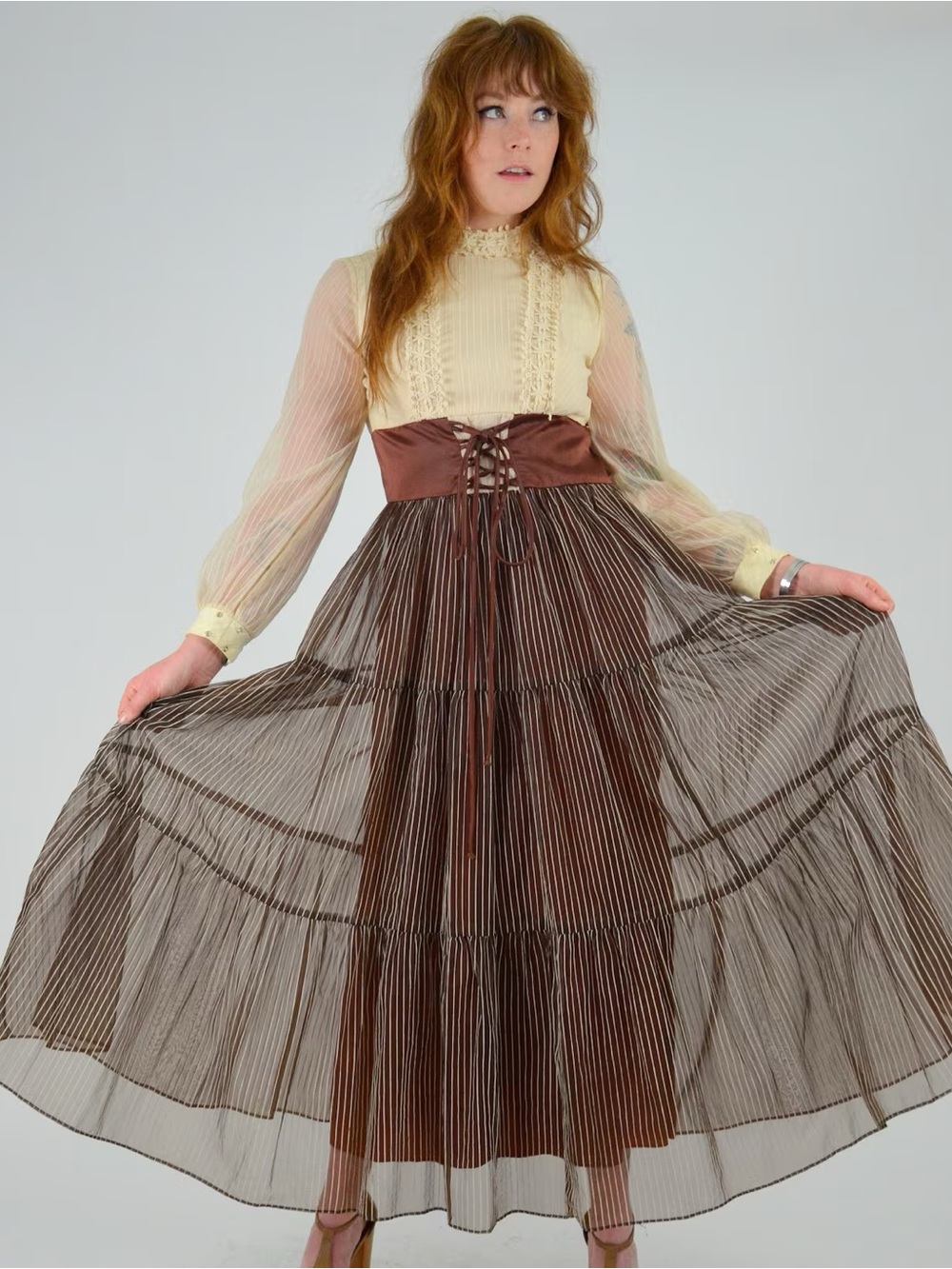1960/70s Vintage Cream and Brown Maxi Dress corset lace up